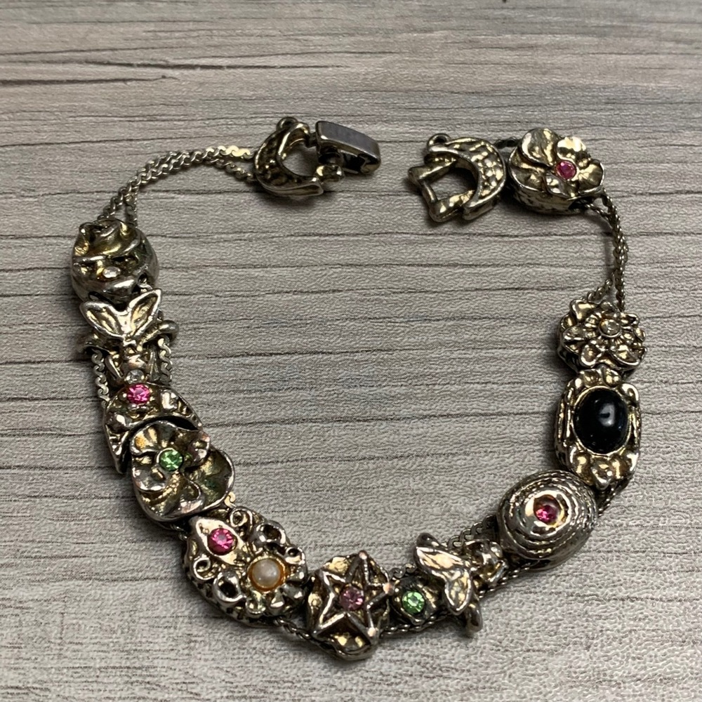 Vintage Silver Tone Multi Charm Bracelet Floral Star Butterfly Rhinestone 5212